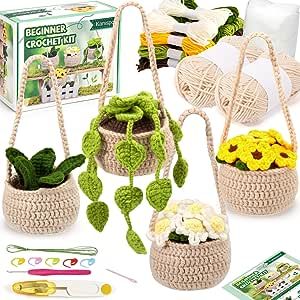 Crochet Kit for Beginners - 4 PCS Hanging Potted Plants, Beginner Crochet Kit for Adults with Easy to Follow Tutorials (Patent Product)