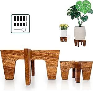 Plant Stands Indoor , Acacia Wood Boho Mid-Century Plant Holder, Modern Minimalist Wooden Pedestal Stand, Fits Up To 12” & 6.5” Pots (2-Pack M&S Size, Pots Not Included)