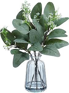 Fake Plants in Glass Vase with Faux Water,Artificial Eucalyptus Plant Indoor for Shelf Decor Fake Plants for Kitchen Laundry Room Bathroom Counter Decor,Enjoy Natural Eucalyptus Scent