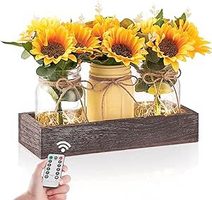 Mason Jar Sunflower Table Centerpiece Decorations for Dining Room Living Room Sunflower Kitchen Decor with 3 Jars Flowers Wood Tray LED Lights Farmhouse Table Decor