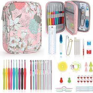 Katech Crochet Hooks Set with Crochet Case, 73-Piece Crochet Hooks Kit Knitting Accessories Ergonomic Aluminum Alloy Crochet Hook Colorful Crochet Needles for Making Socks, Gloves, Bag, Hat, Sweaters