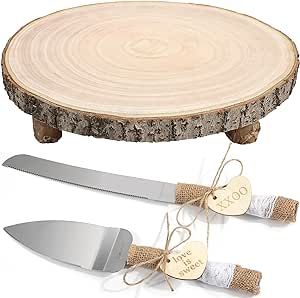 Wood Cake Stand with Cake Cutting Set Wooden Cake Stands Rustic Wedding Cake Stand Wood Slice Cake Stand for Dessert Table, Plant Display for Family Gartering, Wedding Receptions