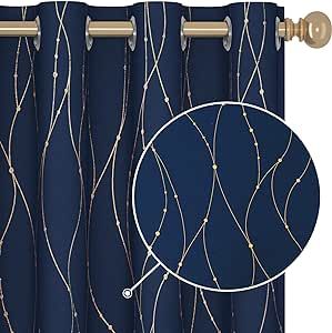 Deconovo Living Room Curtains 84 Inches Long, Blackout Curtains for Bedroom - Navy Blue and Gold Curtains with Pattern, Grommet Room Darkening Drapes (52W x 84L Inch, Navy Blue, 2 Panels)