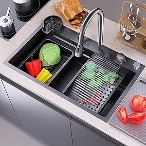 Kitchen sink, Waterfall Kitchen Sinks, Nano 304 Stainless Steel Kitchen Sinks Single Bowl Workstation Utility Sink with Pull Down Sprayer Kitchen Faucet and Cup Washer