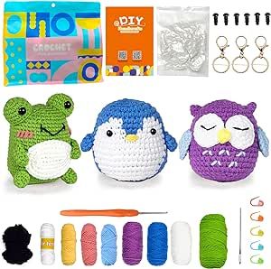 Crochet Kit for Beginners, 3 Pattern Animals-Owl, Penguin, Frog, Knitting Kit for Adult Kids with Step-by-Step Video Tutorials and Yarns, Hook, Accessories