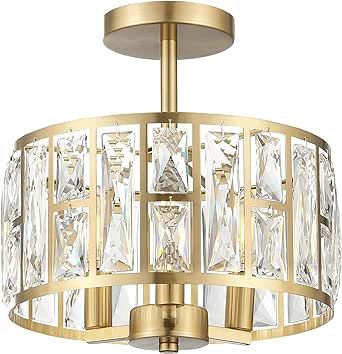 12 Inch Crystal Ceiling Light, Gold Flush Mount Ceiling Light Fixture, Modern Chandelier Lighting Fixtures Ceiling Mount, Suitable for Kitchen Bedroom Living Room Dining Room, E12 Base, SF001-3-G