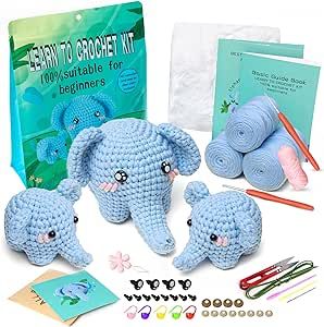 Crochet Kit for Beginners,Learn to Crochet Animal Kits for Adults Kids, Amigurumi Crochet Starter Kit with Step-by-Step Video Tutorials,3 Pack Elephant Family DIY Crafts Gifts Supplies
