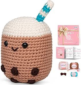 Crochet Kit for Beginners, Complete DIY Kit with 40%+ Pre-Started Tape Yarn Step-by-Step Video Tutorials for Adults Kids (Brown Milk Tea)
