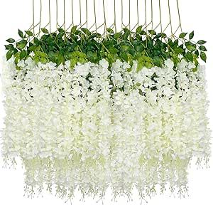 Lmeison 24 Pack Wisteria Hanging Flowers, Wisteria Garland Artificial Fake Wisteria Vine Rattan Hanging Garland Silk Flowers for Home, Party, Wedding Decor, White