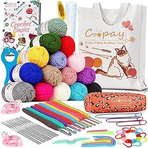 Coopay Crochet Kit Beginners Crochet Starter Kit with 15 Colors Yarn, 71PCS Crochet Beginners Set Amigurumi Crochet Kit for Kids/Adults, Cat Canvas Tote Bag Full Crochet Accessories & Instructions