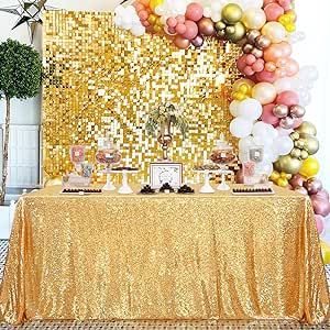QueenDream 90x132inch Rectangle Sparkly Gold Sequin Tablecloth Wedding Glitter Tablecloth for Birthday Party Decor