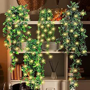 4 Pack Fake Hanging Plants with LED Light and Pot, Artificial Plants for Indoor Shelf, Faux Greenery Eucalyptus Vine Leaves String, for Home Wall Shelf Patio Garden Indoor Outdoor Decor