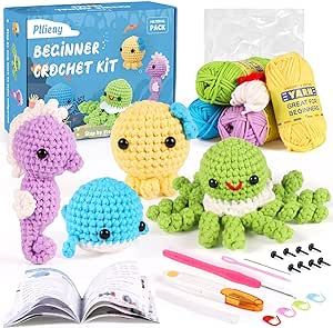 Pllieay Crochet Kit for Beginners, Beginner Crochet Kit for Adults & Kids with Step-by-Step Video Tutorials, Knitting Kit, 4 Pattern Crochet Animal Kit - Whale, Jellyfish, Sea Horse and Octopus
