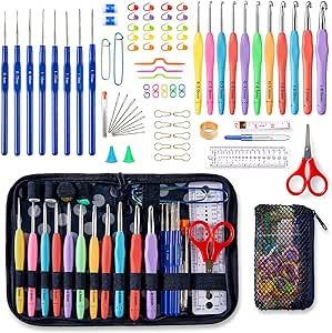 82 Pcs Crochet Hook Set, 19 Sizes 0.6mm-8mm(L), Ergonomic Soft Grip Handles Crochet Needles (11 Sizes) Kit with Bag for Arthritic Hands, Crochet Starter Kit for Beginners Knitting Yarn Lovers