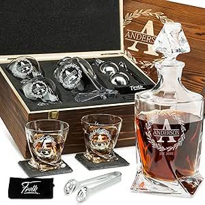 Personalized Whiskey Decanter and Stones Set - Customized Gift for Him - Men, Dad, Father - Engraved Twisted Whiskey Decanter, 2 XL Glasses, 2 XL Balls, 2 Coasters, Tongs, Pouch in Wooden Gift Box