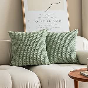 Kevin Textile 2 Packs Decorative Throw Pillow Covers 18x18 Inch for Living Room Couch Bed Sofa, Soft Striped Corduroy Square Cushion Case 45x45 cm, Farmhouse Boho Home Decor, Sage Green