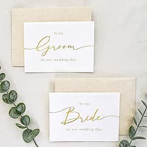 Set of 2 Bride and Groom Wedding Day Cards - Linen Textured Cardstock - Elegant Script - 4.875" x 3.75" Folded - Embossed Border - Set of 2 Cardstock Beige Envelopes (Gold Foil)