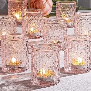 12pcs Pink Votive Candle Holders, Tealight Candle Holder for Valentine's Day, Baby Shower Decorations for Girl, Glass Candle Holder for Wedding Centerpieces, Bridal Shower, Party Decorations