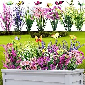 AFRITEE Artificial Outdoor Plants Flower - 24 Pcs Lavender Gypsophila Violets Persian Leaves Plants Flower, Faux Flower with Butterfly Stakes for Greenery Outdoor Porch Balcony Arrangement Decor