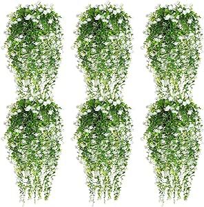 6 Pcs Ferns Artificial Hanging Plants Vine Hanging Fake Plants Faux Hanging Plants Indoor Outdoor Hanging Ivy Wall Decor Greenery Vine with Flower for Room Wedding Fall Decoration (White)