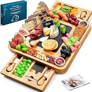 Easoger Large Bamboo Charcuterie Board with 2 Drawers, Knife and Bowls - Unique Housewarming, Wedding and Bridal Gift