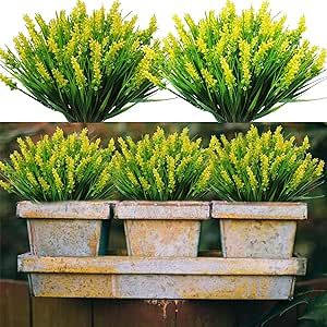 12 Bundles Artificial Plants Outdoor Fake Monkey Grass with Flowers Faux Greenery Fake Shrubs for Garden Patio Porch Window Box Home Indoor Farmhouse Hanging Planter Decor (Yellow)