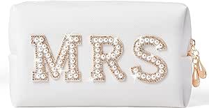 Y1tvei Large Bride Gold MRS Patch Varsity Letter Cosmetic Toiletry Pearl Rhinestone Letter Patches Makeup Bag PU Leather Waterproof Portable Zipper Big Travel Organizer for Wedding Bride Bridesmaid