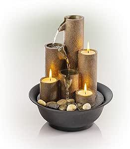 Alpine Corporation WCT202 Indoor Tabletop Tiered Water Fountain Featuring 3 Candles for Desktop and Table, 11", Brown