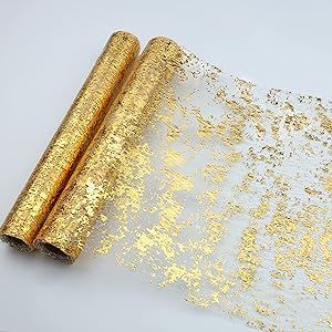 Snowkingdom 2 Pieces Gold Table Runner, Sequin Glitter Foil Metallic Gold Thin Mesh Table Runner Roll 11"x108", Gold Table Decorations for Event Party, Wedding, Birthday Party , Christmas