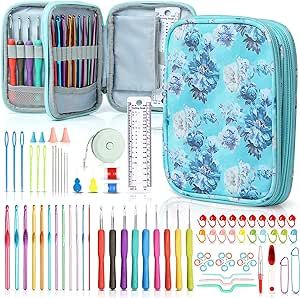 Crochet Hooks Kit with Case, 86-Piece Crochet Hooks Set, with 9 Rubber Ergonomic Hook and 12 Aluminum Crochet Hooks, 65 Necessary Accessories for Sewing, Weaving, Knitting